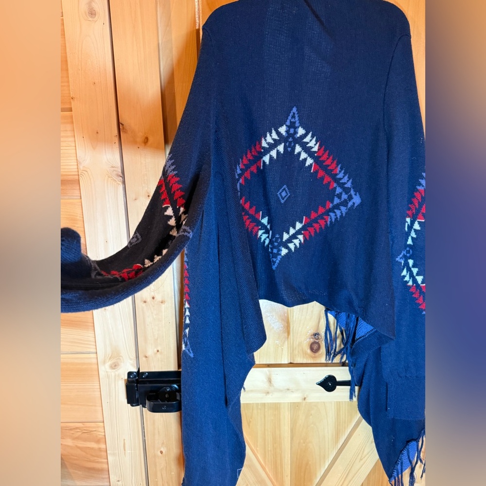 Navy Blue Tribal / Aztec Print Open Draped Cardigan Sweater Fringe Hem Large - Picture 4 of 10
